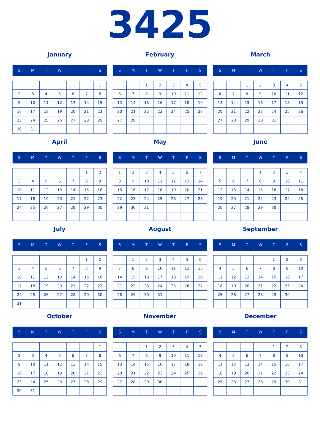 Printable 3425 Year Calendars smalt