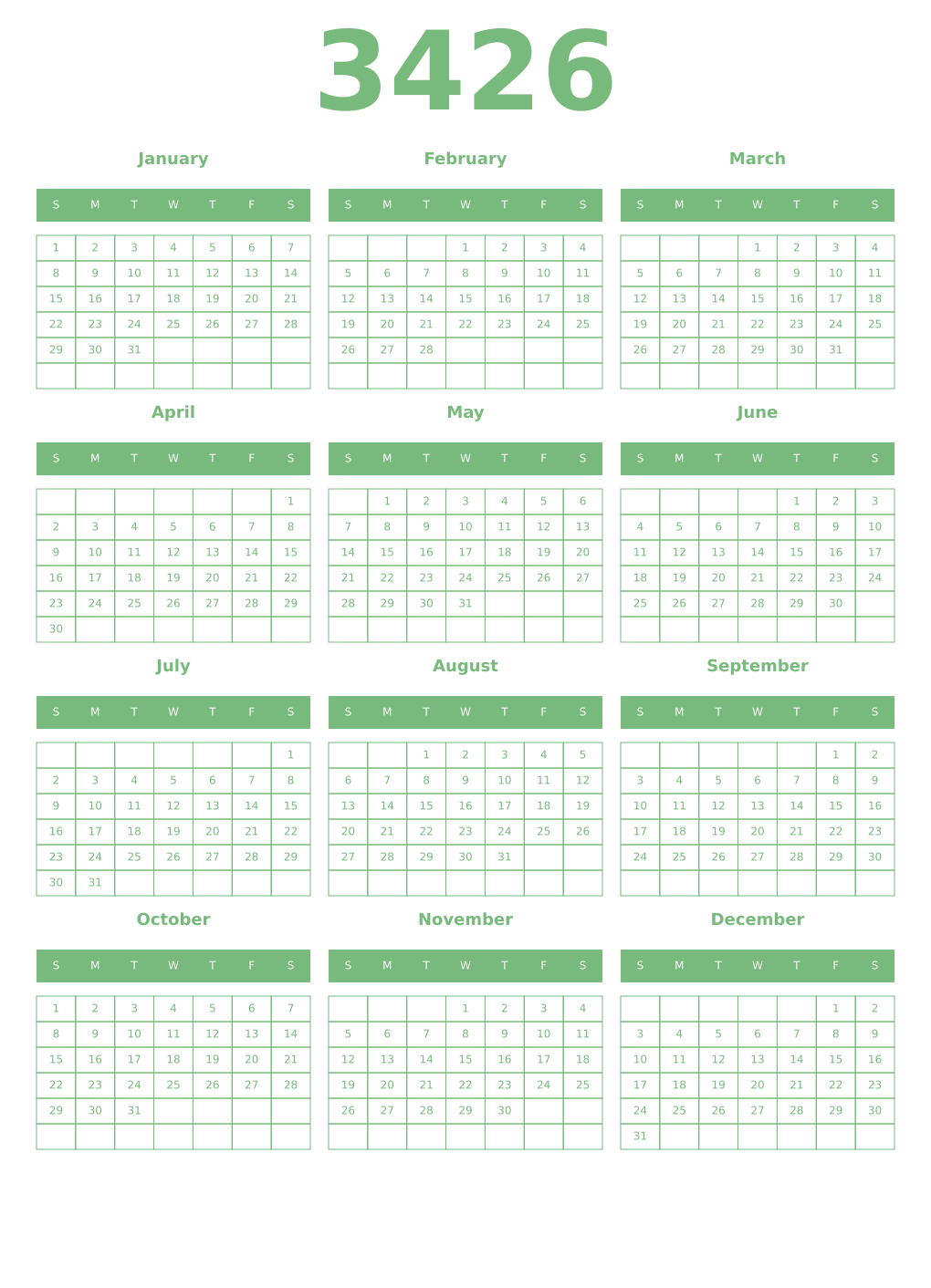 Printable 3426 Year Calendars celadon
