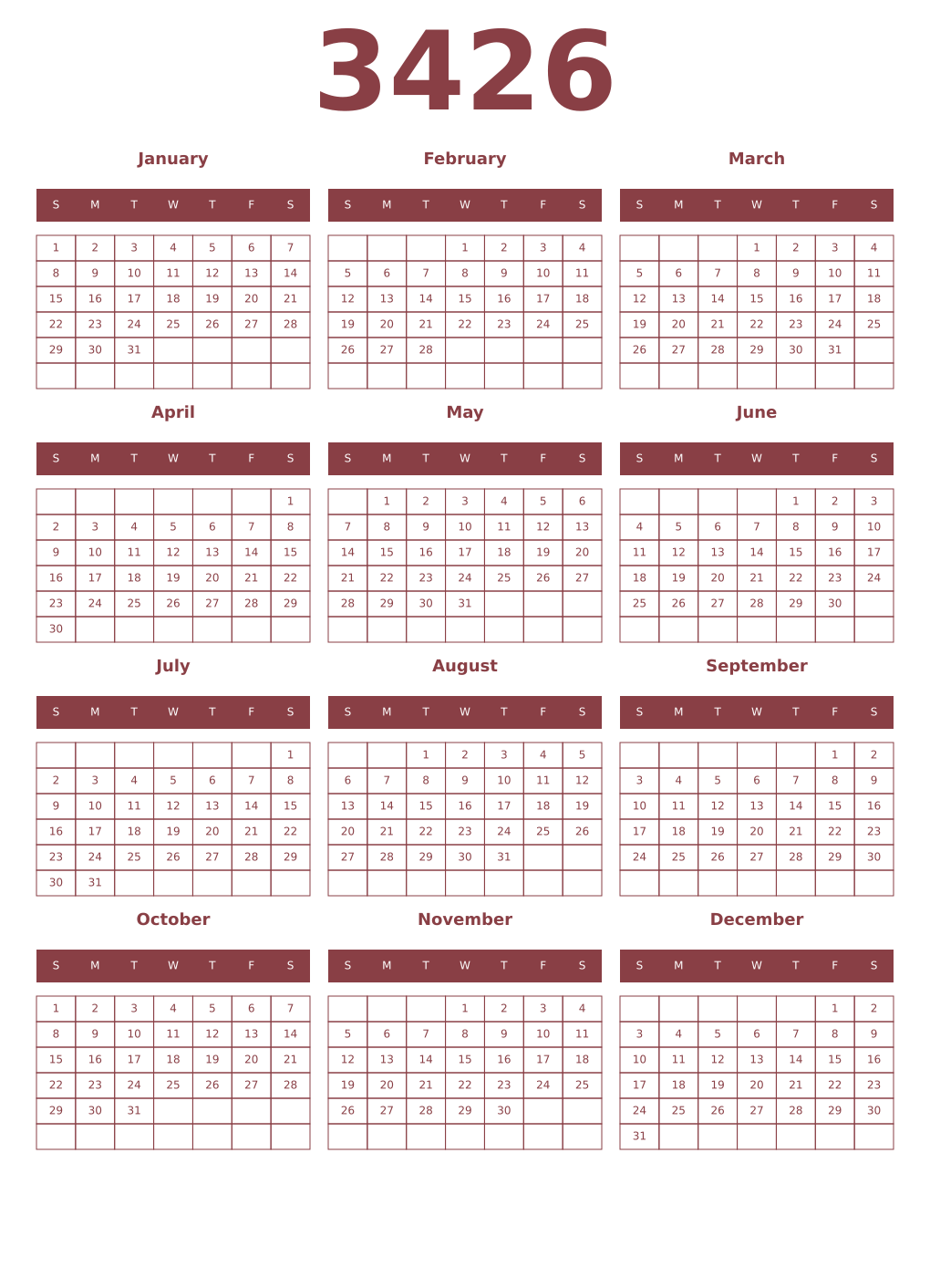Printable 3426 Year Calendars cordovan