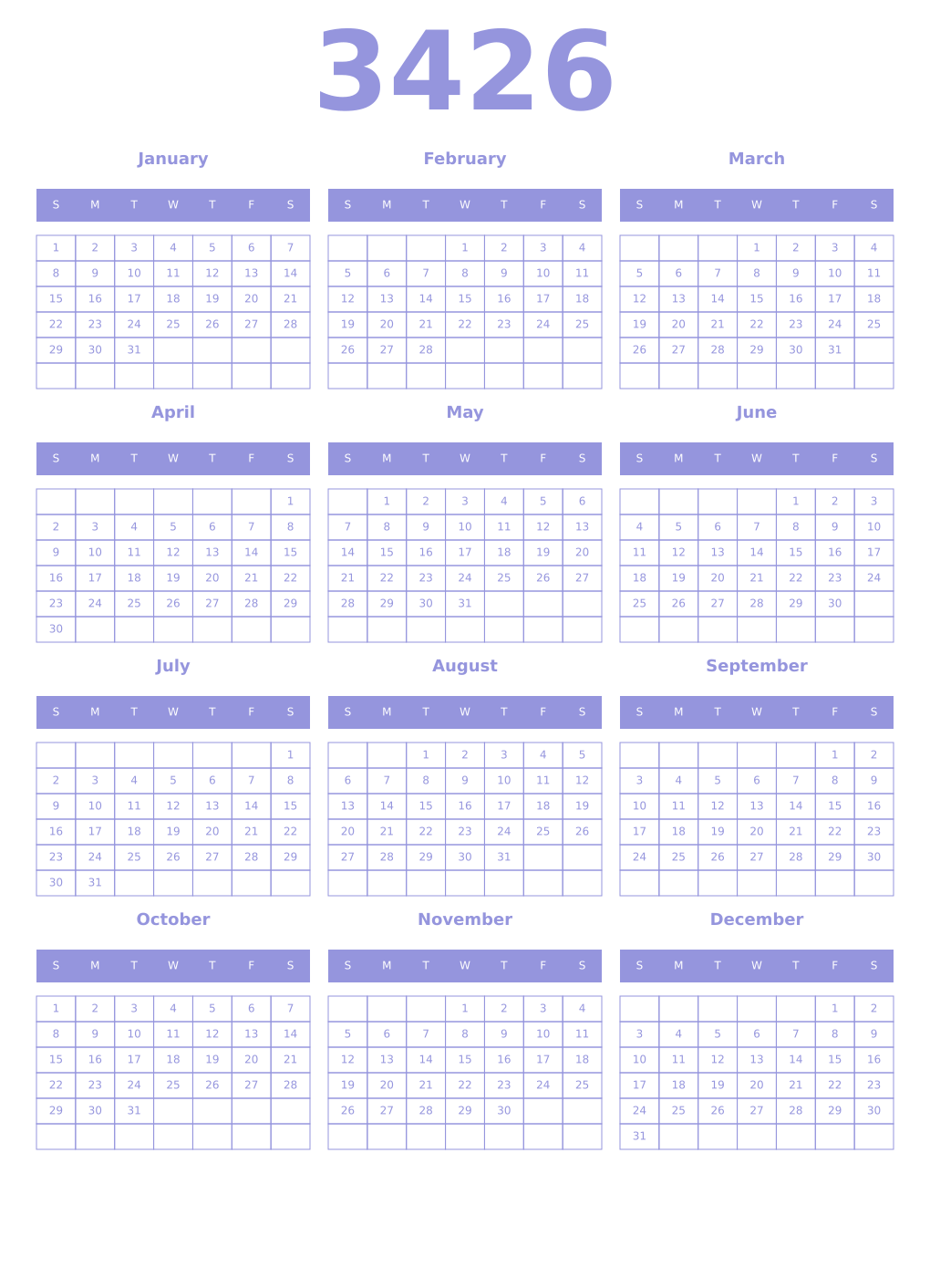 Printable 3426 Year Calendars periwinkle