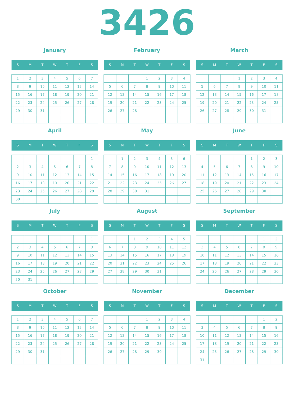 Printable 3426 Year Calendars verdigris