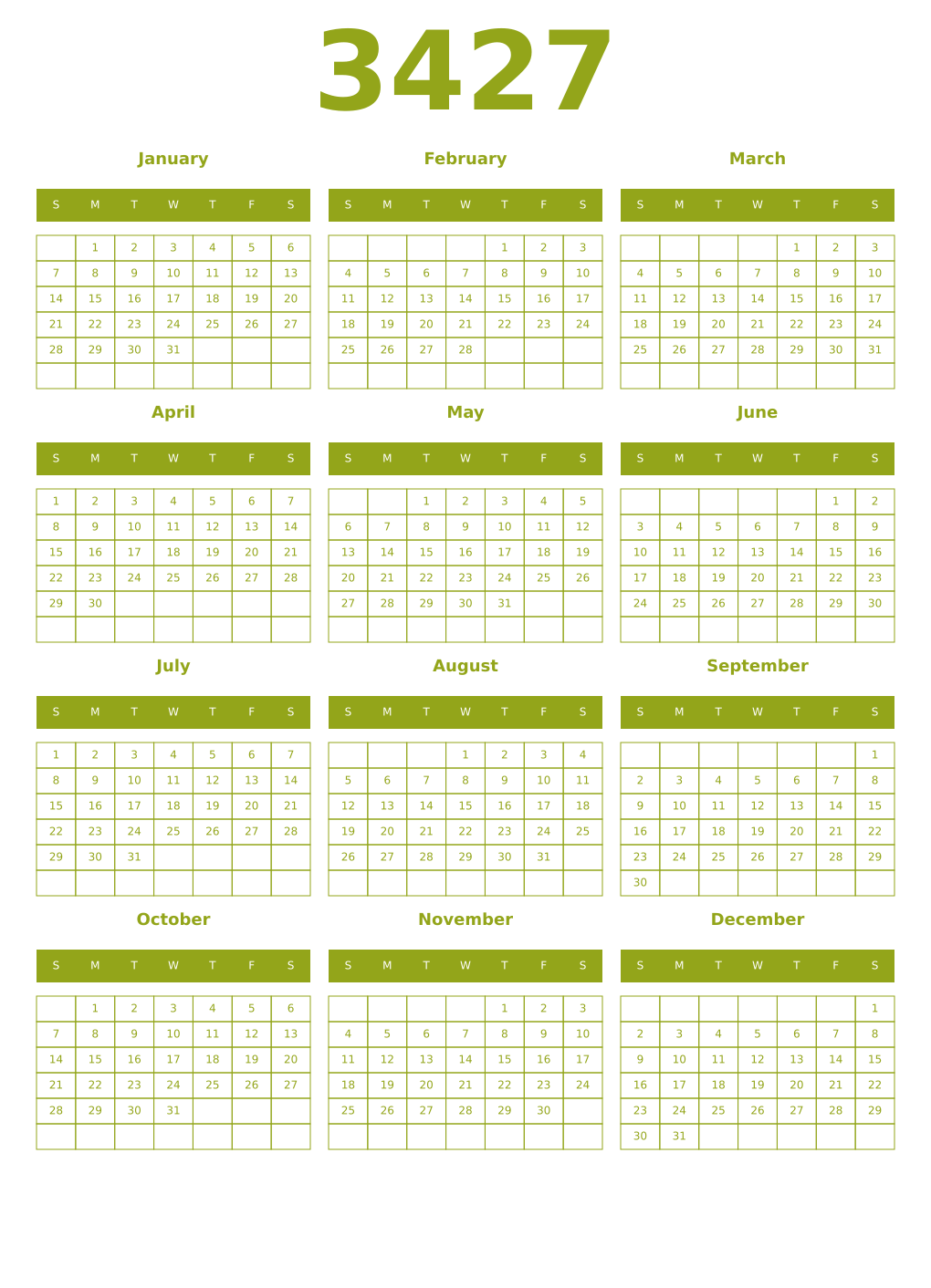 Printable 3427 Year Calendars chartreuse