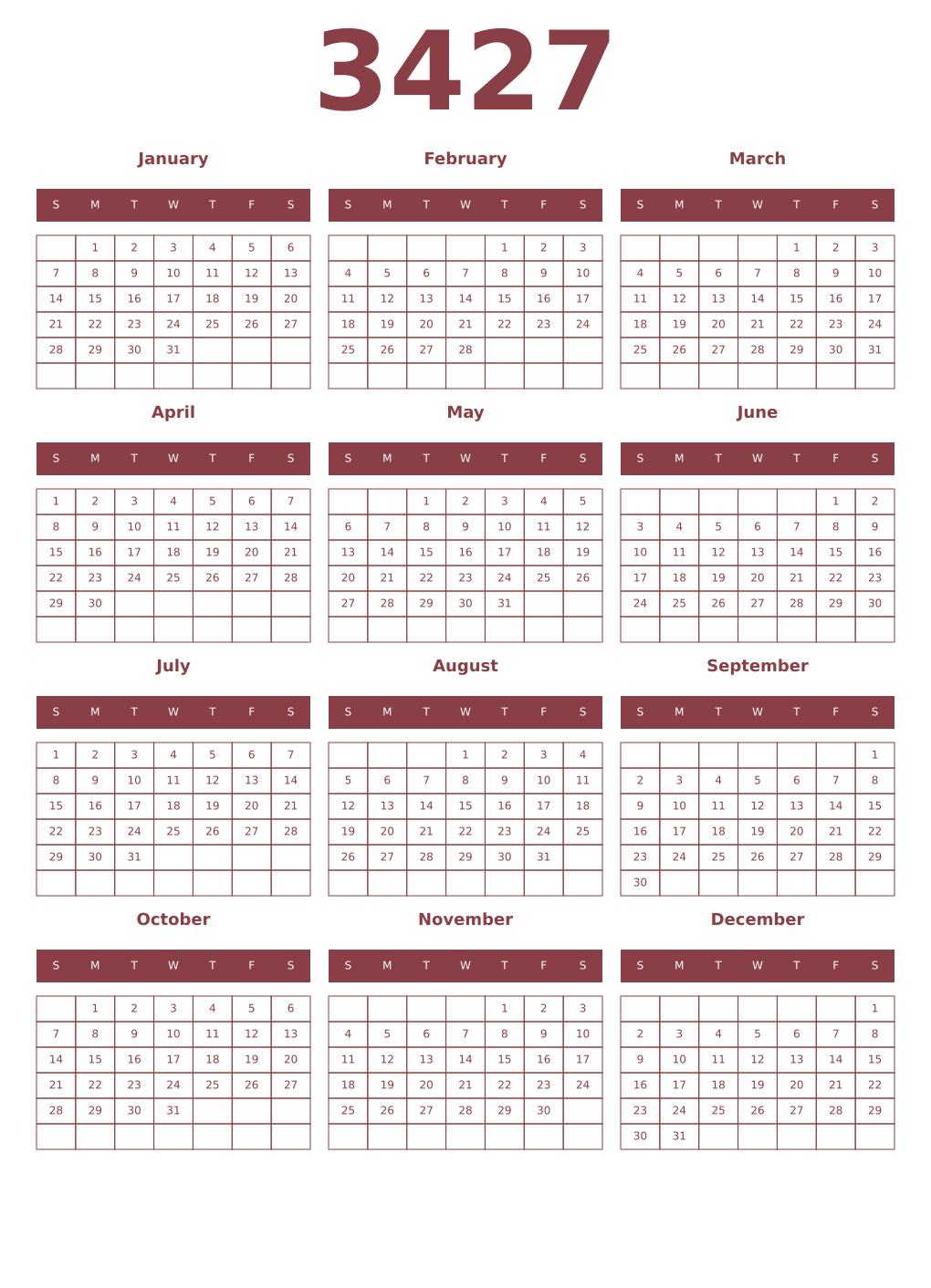 Printable 3427 Year Calendars cordovan
