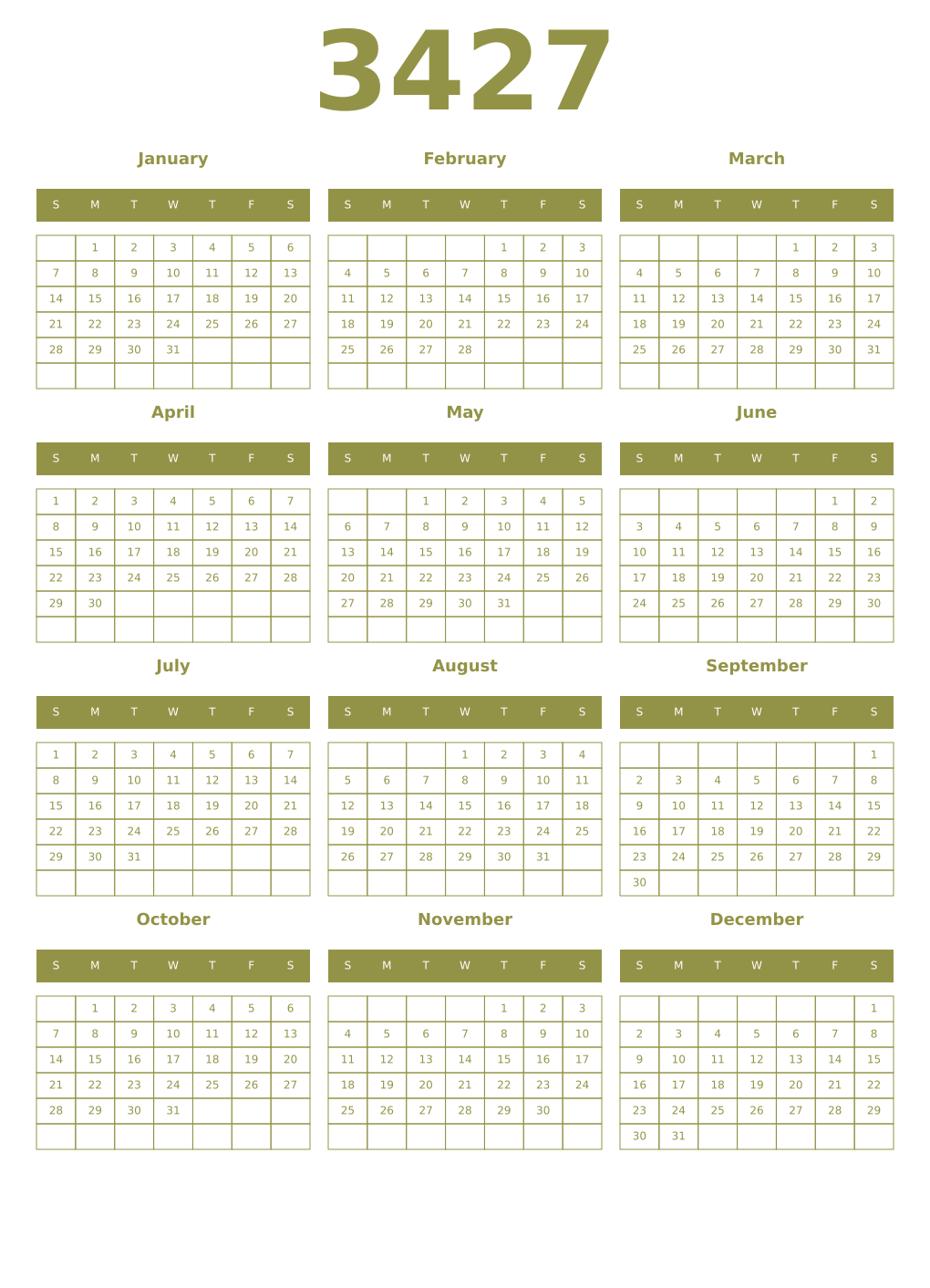 Printable 3427 Year Calendars eburnean