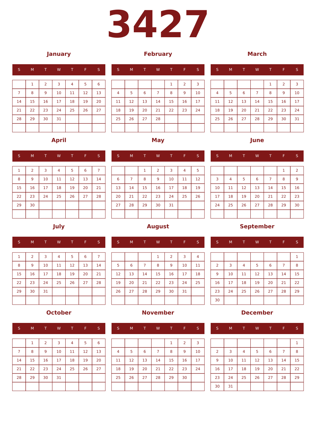 Printable 3427 Year Calendars falu