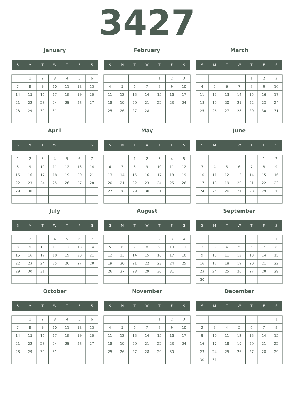 Printable 3427 Year Calendars feldgrau