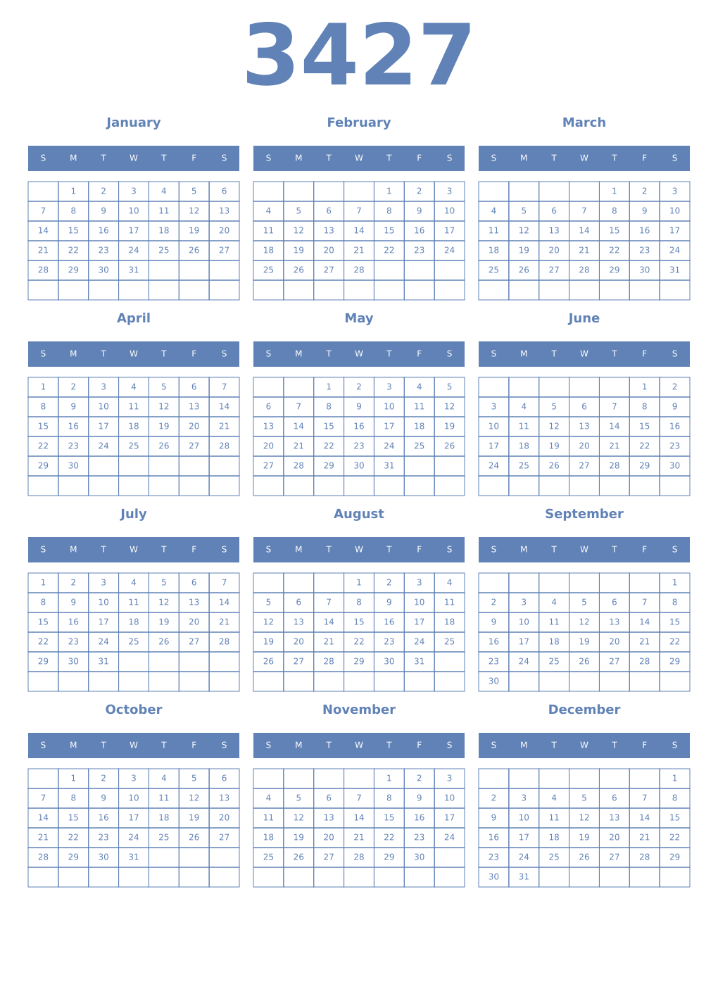 Printable 3427 Year Calendars glaucous