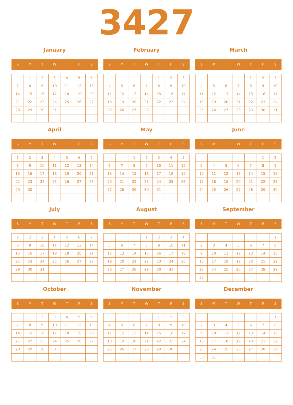 Printable 3427 Year Calendars orange