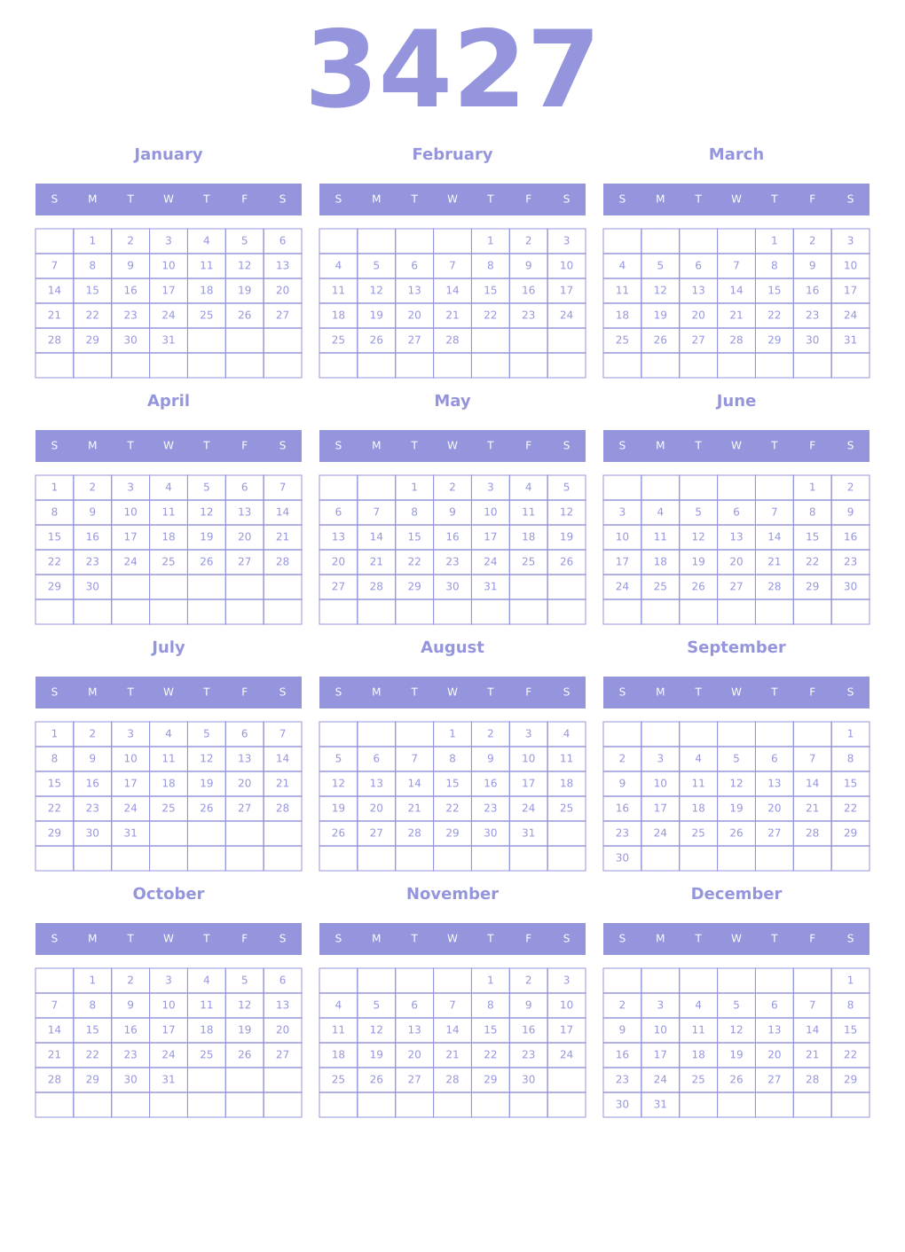 Printable 3427 Year Calendars periwinkle