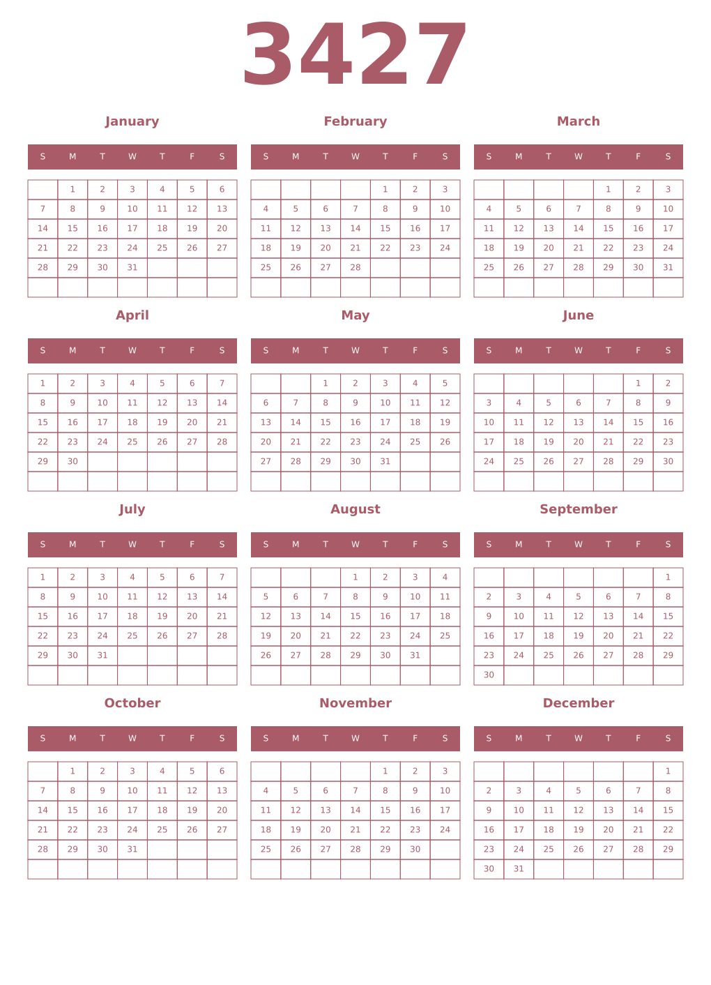 Printable 3427 Year Calendars puce