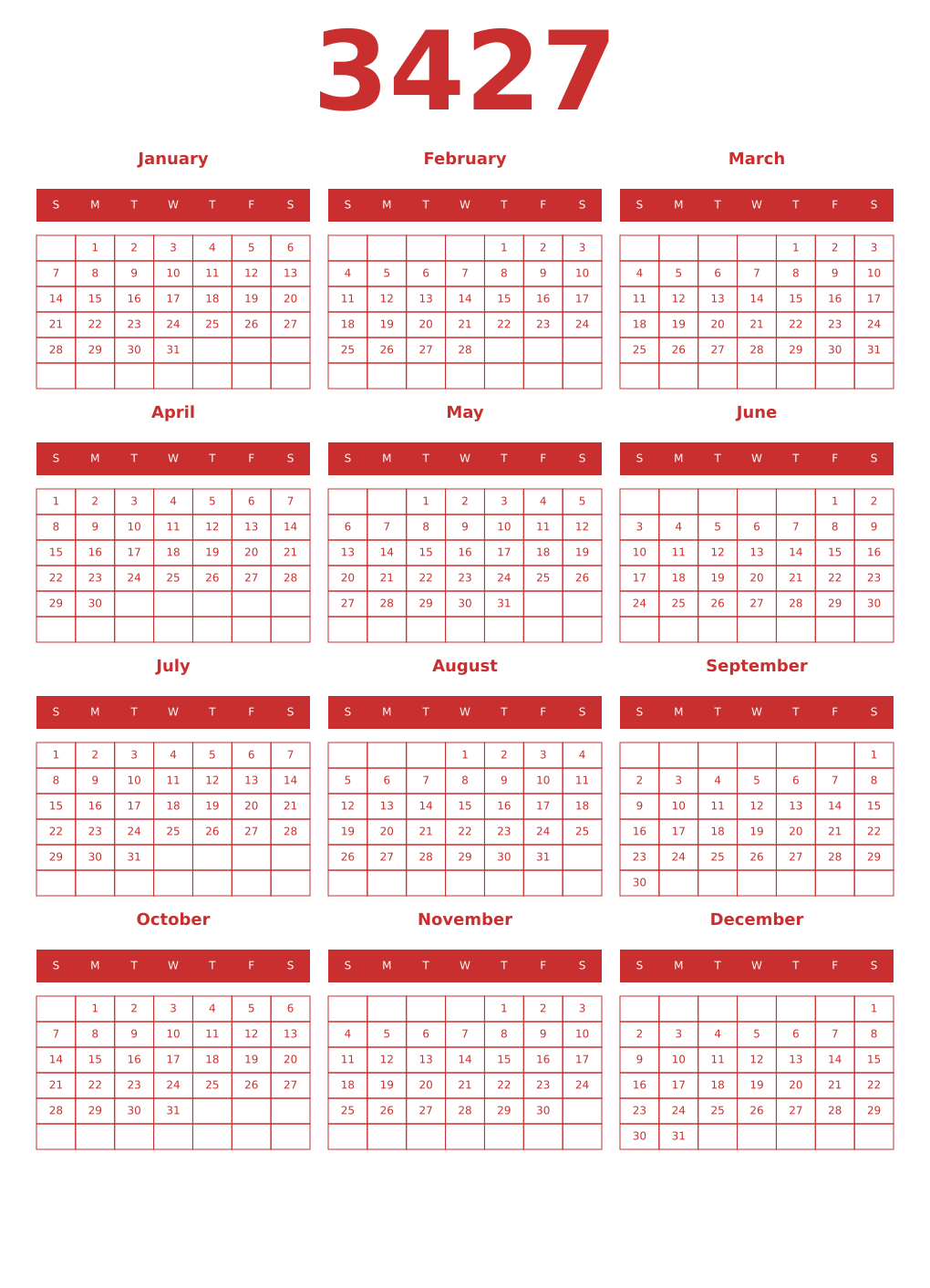 Printable 3427 Year Calendars red