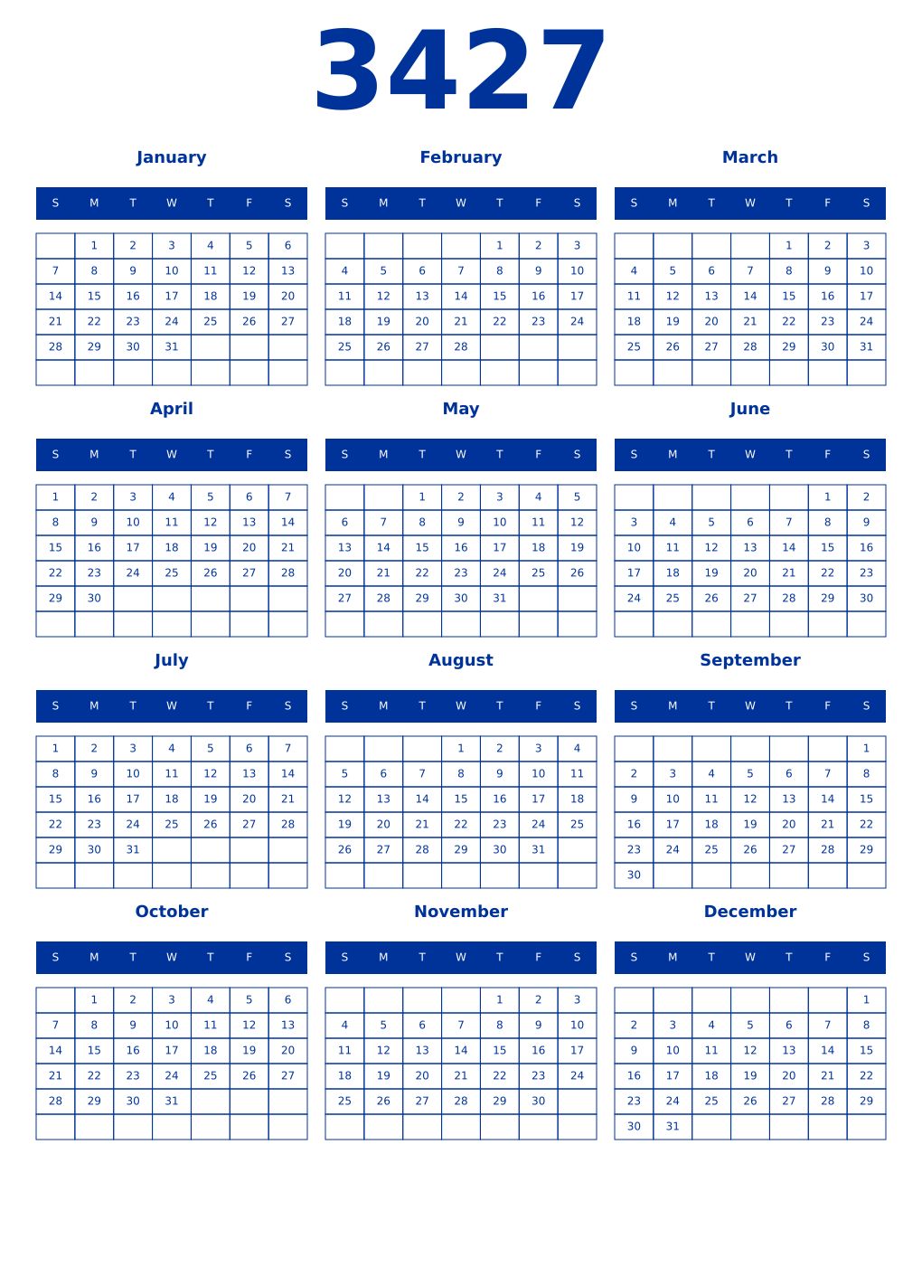 Printable 3427 Year Calendars smalt