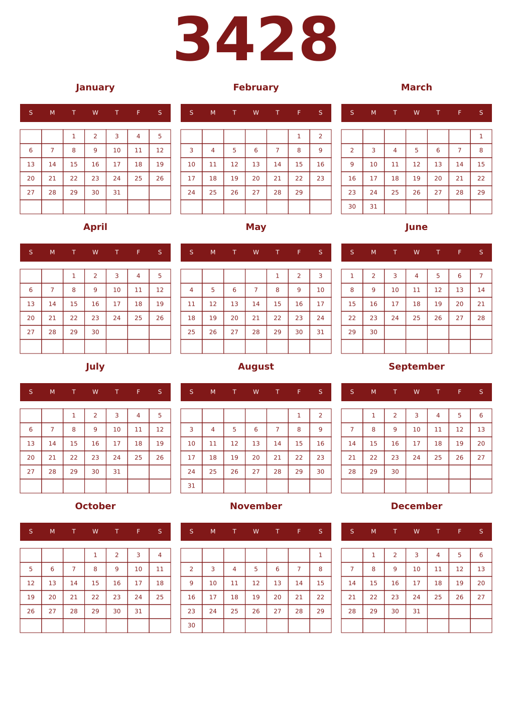 Printable 3428 Year Calendars falu