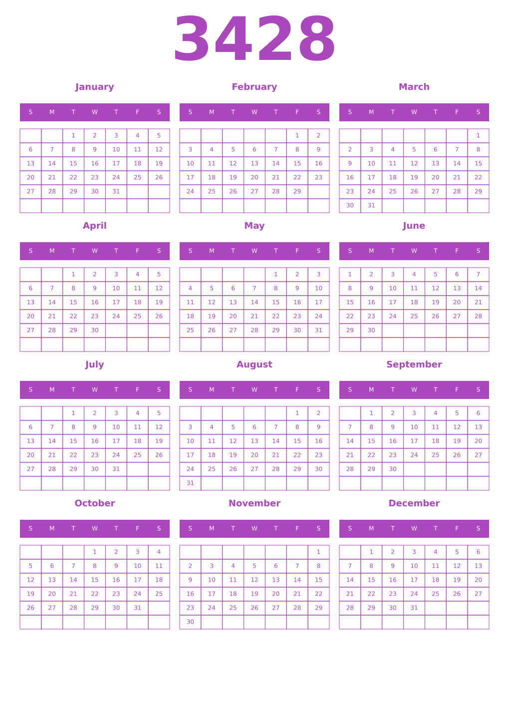 Printable 3428 Year Calendars purple