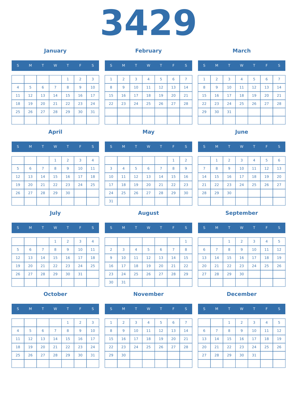 Printable 3429 Year Calendars blue
