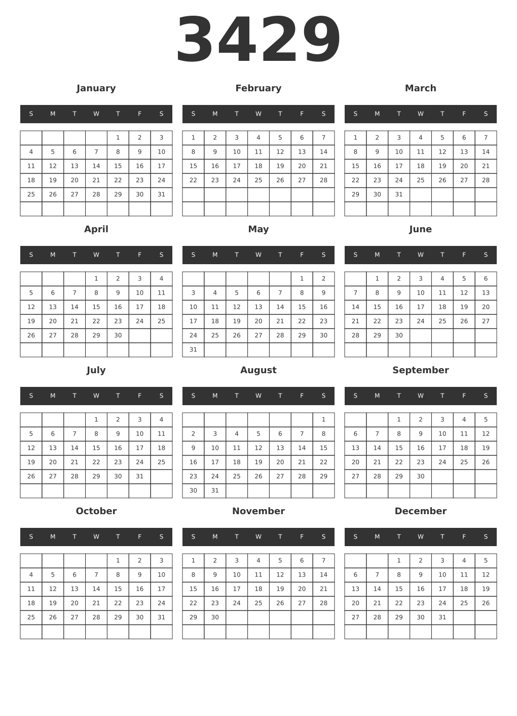 Printable 3429 Year Calendars dark