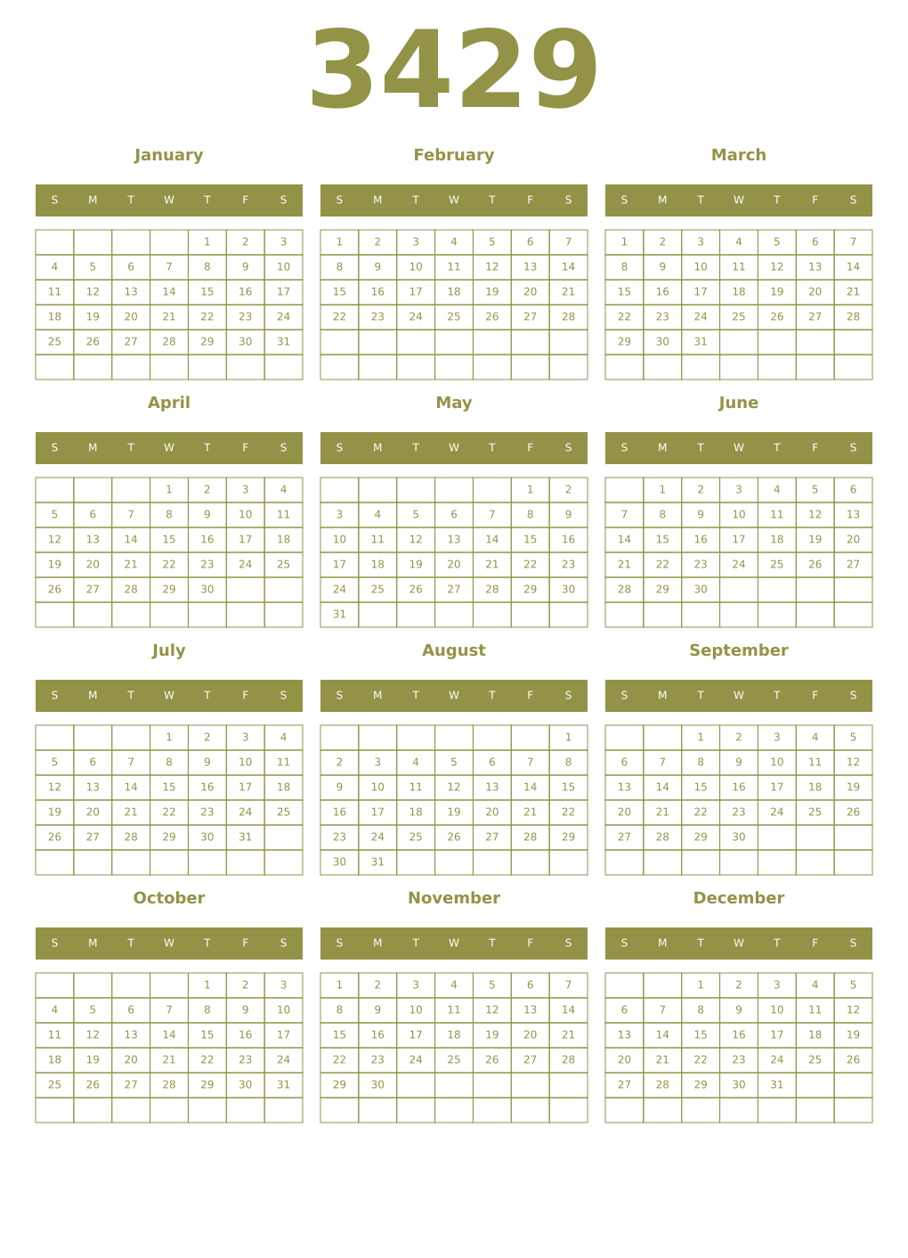 Printable 3429 Year Calendars eburnean
