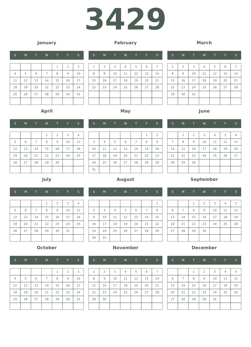 Printable 3429 Year Calendars feldgrau