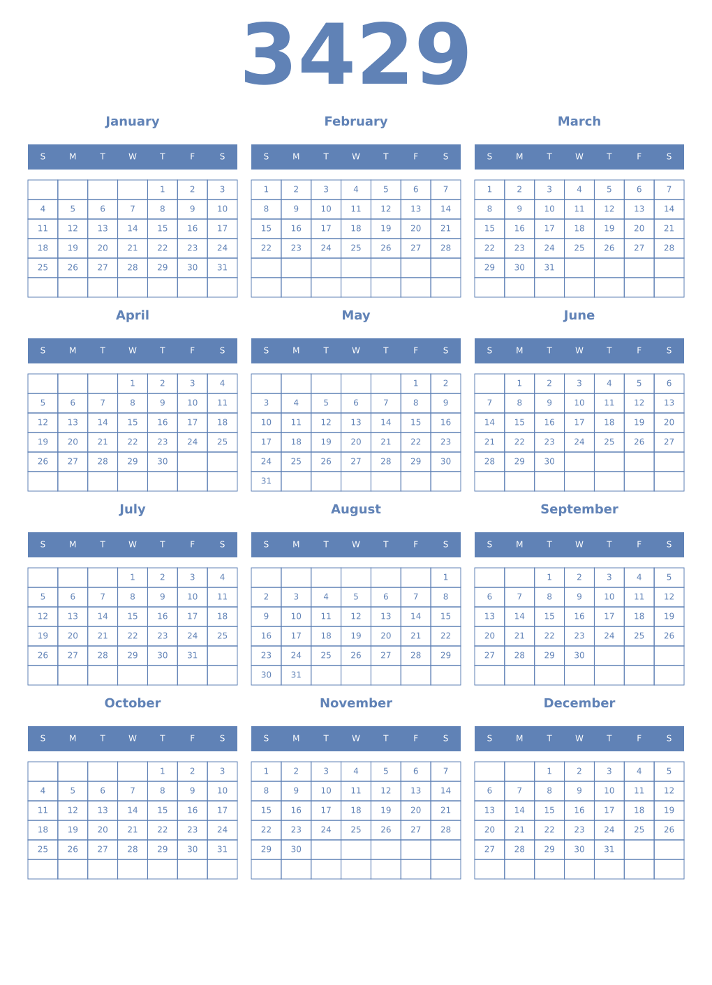 Printable 3429 Year Calendars glaucous