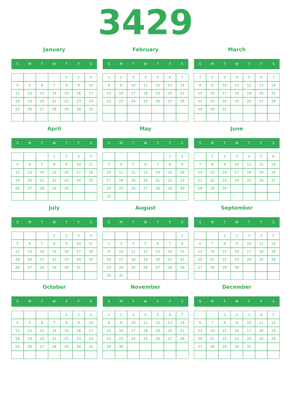 Printable 3429 Year Calendars green
