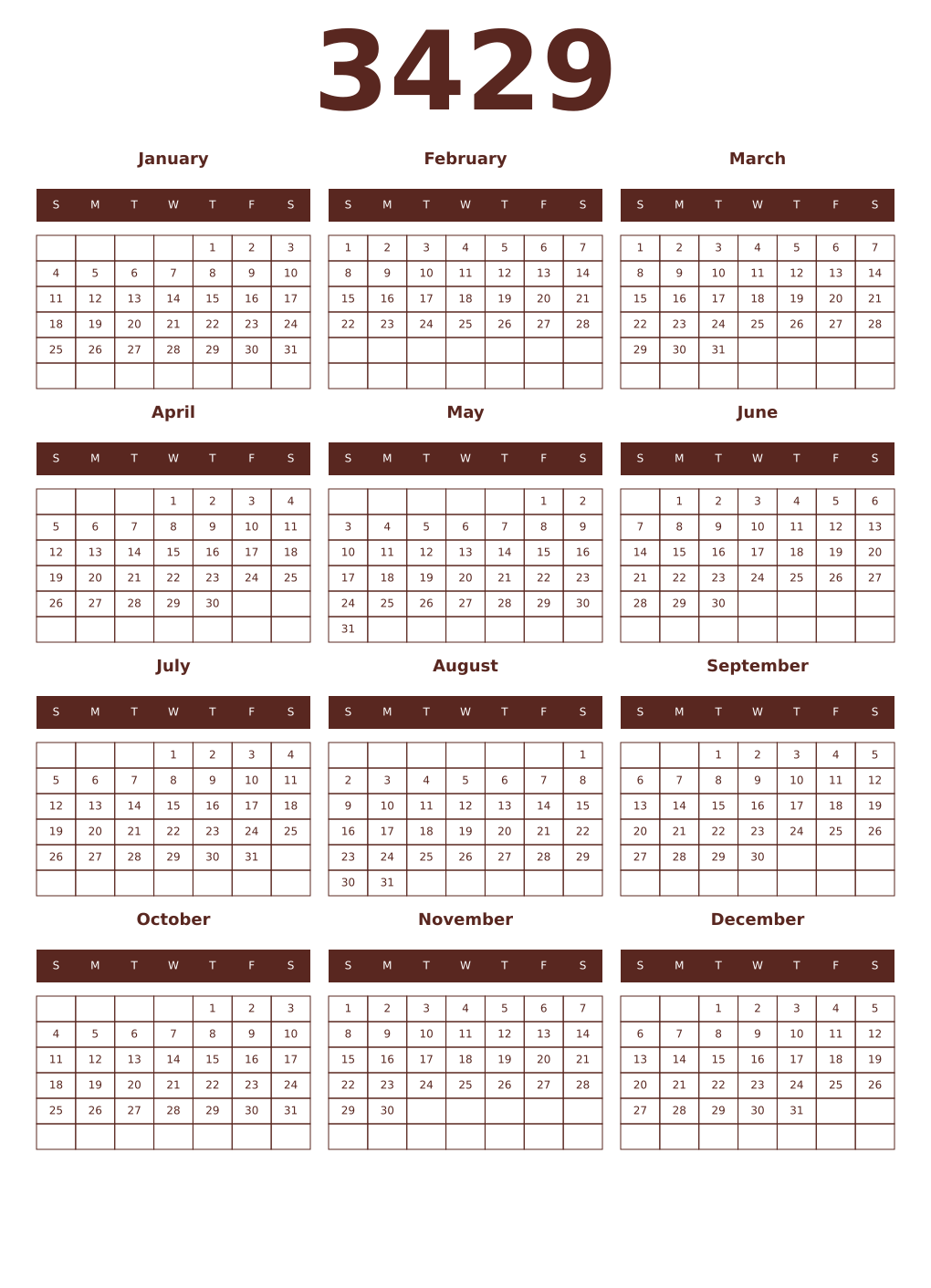 Printable 3429 Year Calendars mortuum