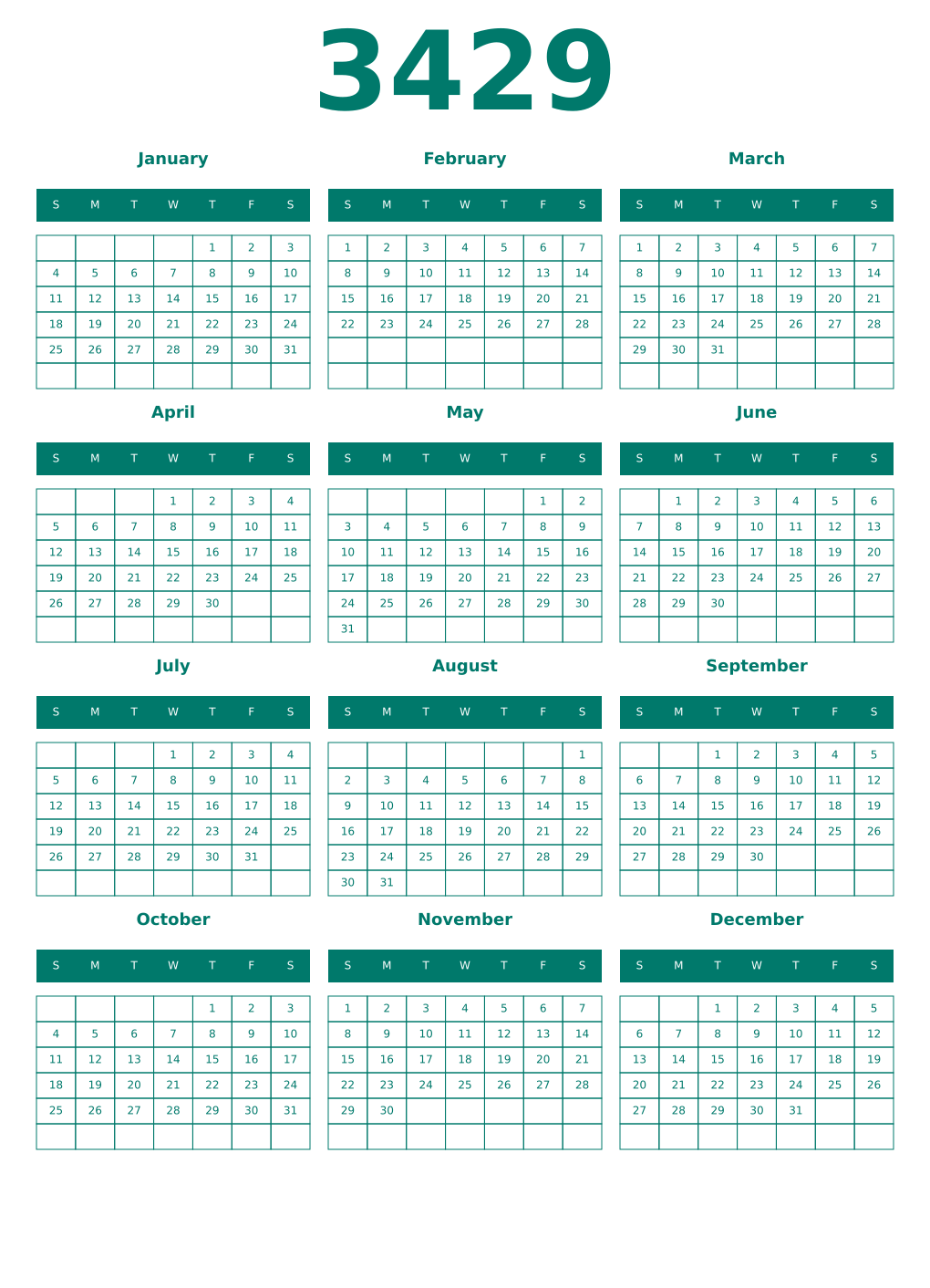 Printable 3429 Year Calendars pastel
