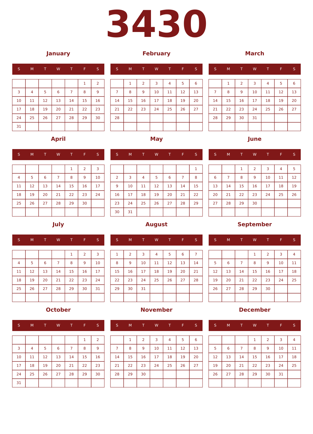 Printable 3430 Year Calendars falu