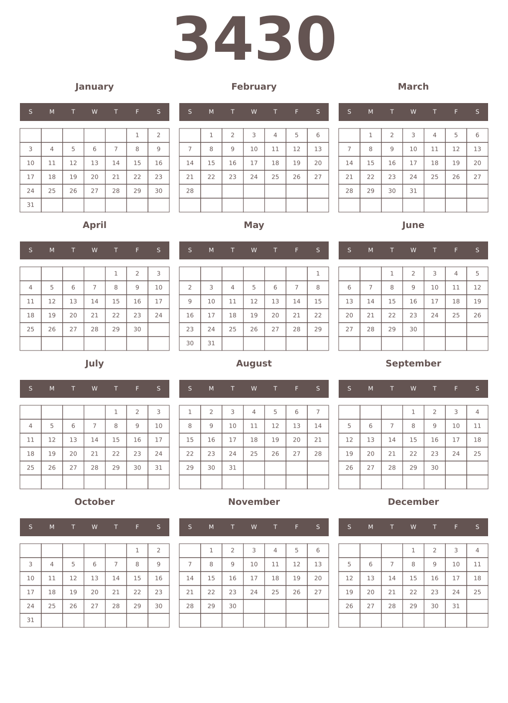 Printable 3430 Year Calendars wenge