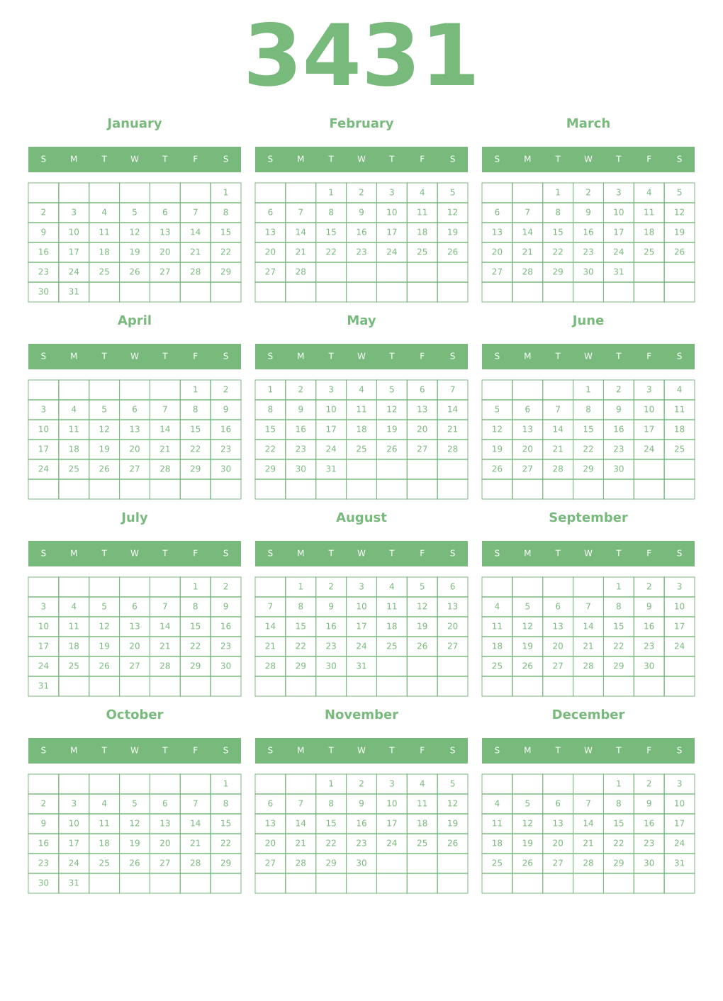 Printable 3431 Year Calendars celadon