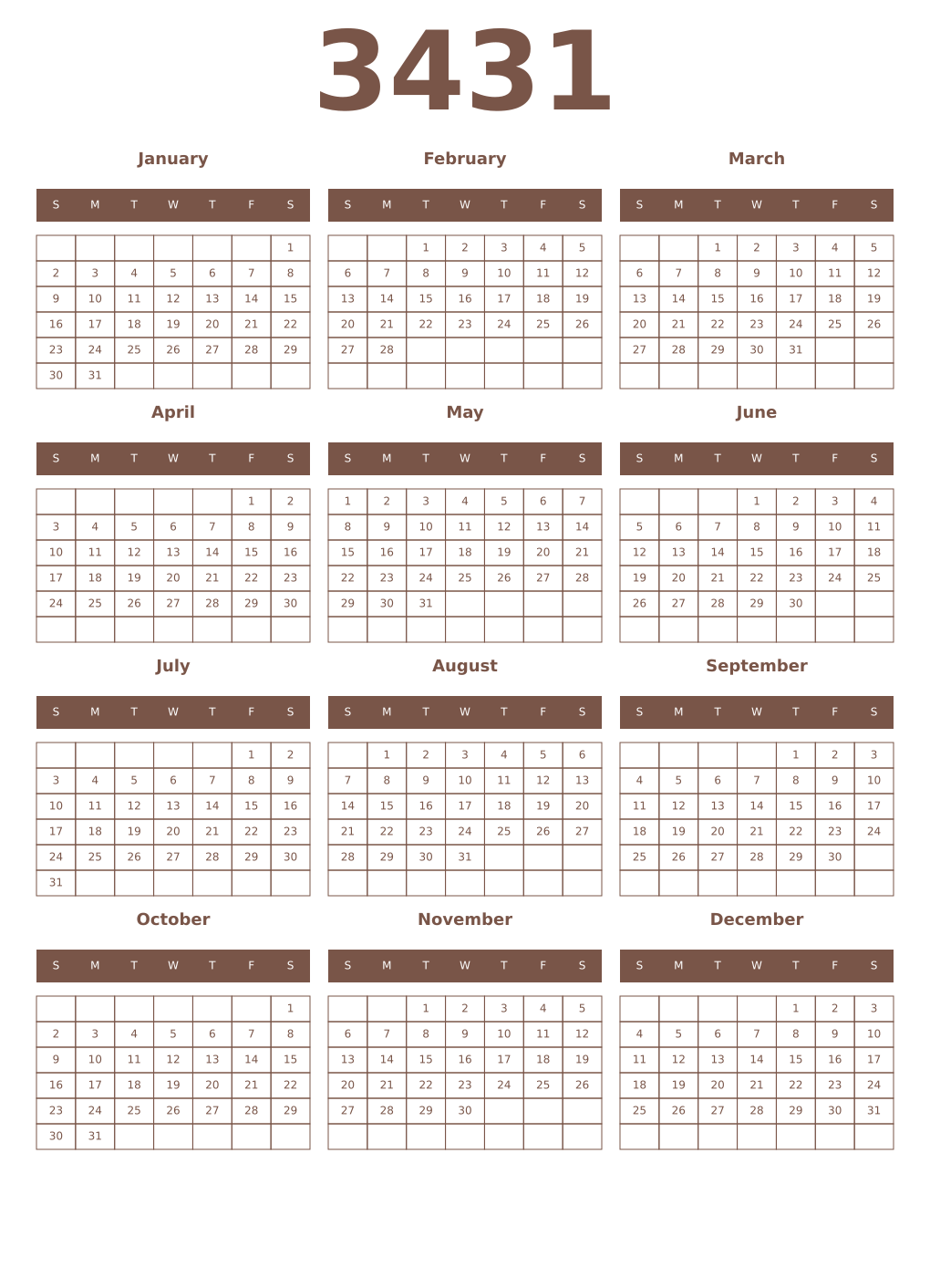 Printable 3431 Year Calendars coffe