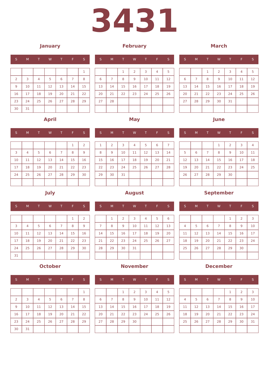 Printable 3431 Year Calendars cordovan
