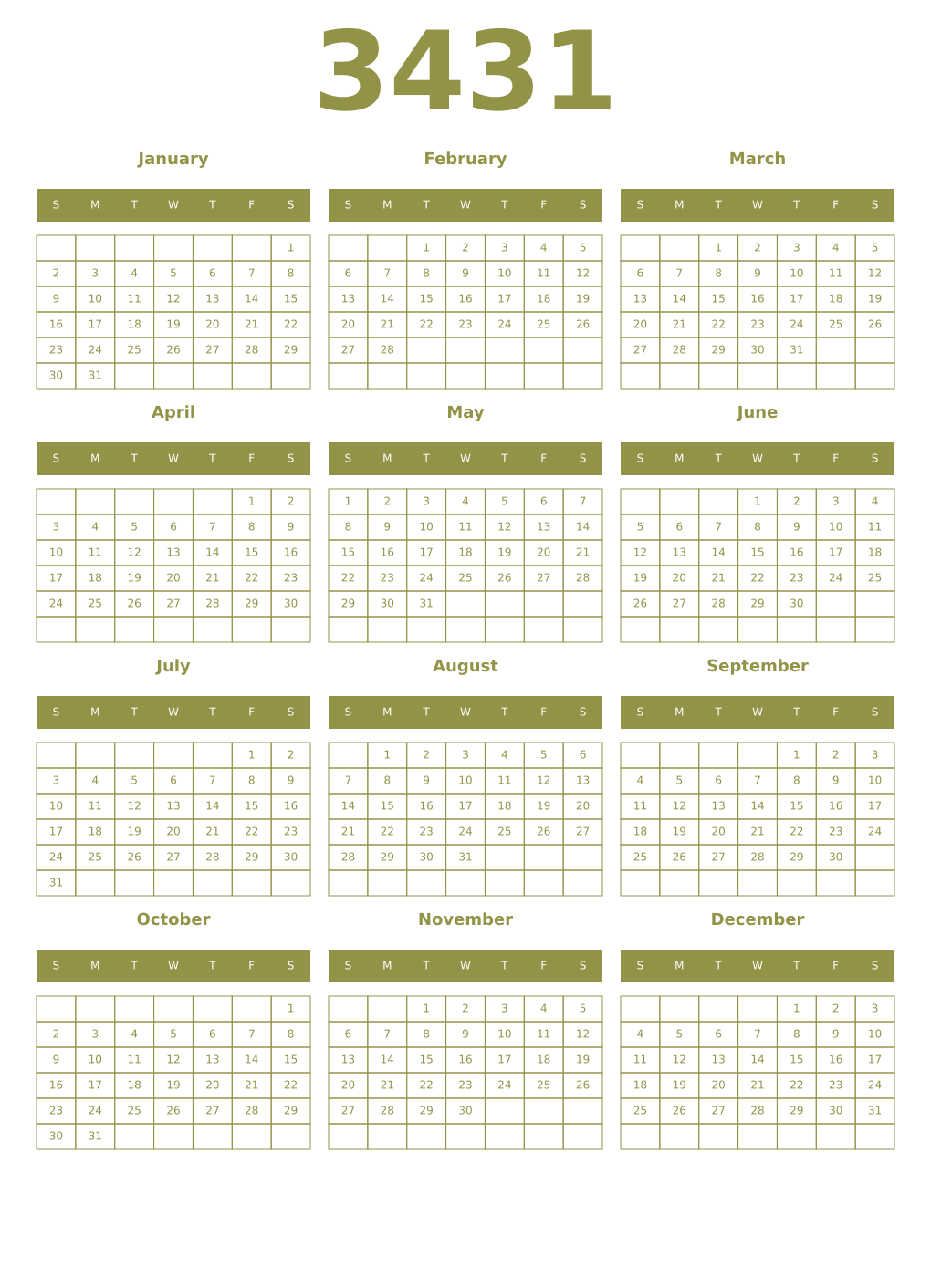Printable 3431 Year Calendars eburnean
