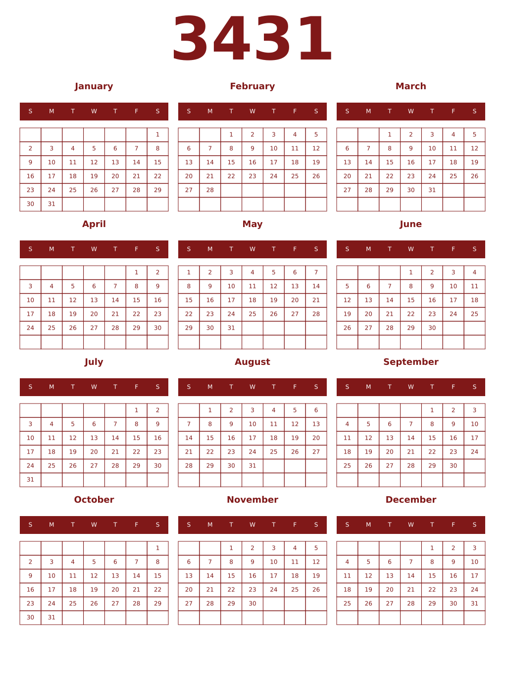 Printable 3431 Year Calendars falu