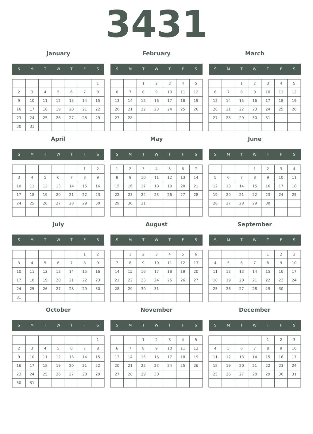 Printable 3431 Year Calendars feldgrau