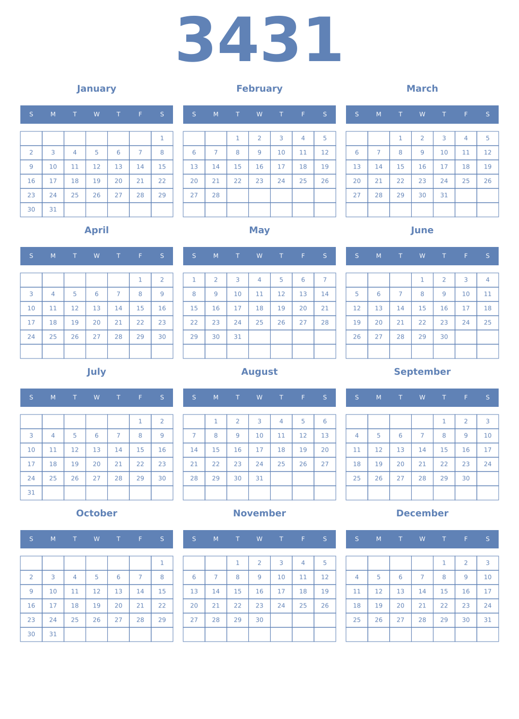 Printable 3431 Year Calendars glaucous