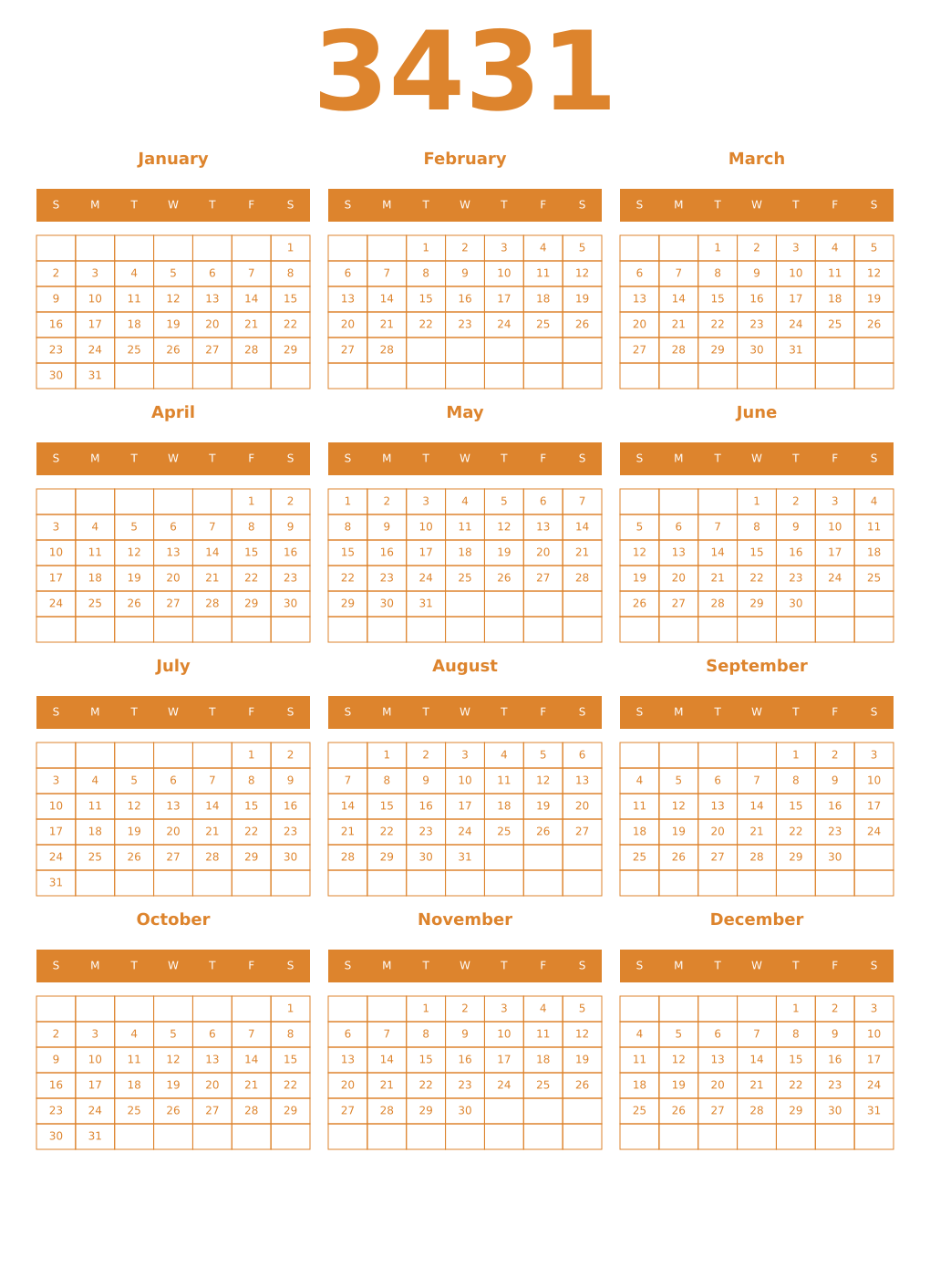 Printable 3431 Year Calendars orange