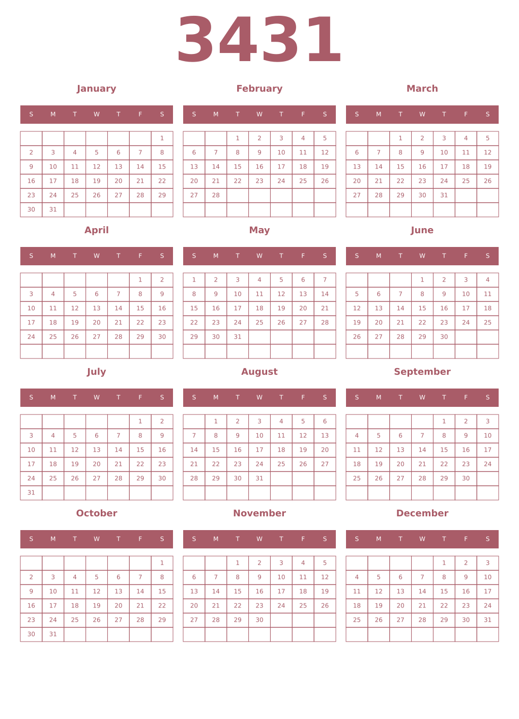 Printable 3431 Year Calendars puce