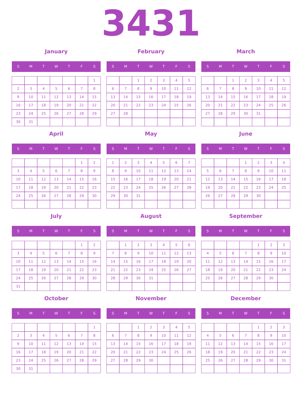 Printable 3431 Year Calendars purple