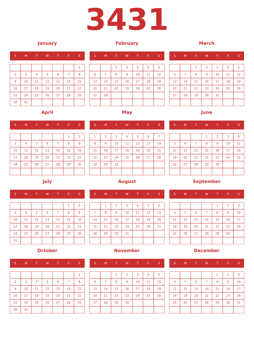 Printable 3431 Year Calendars red