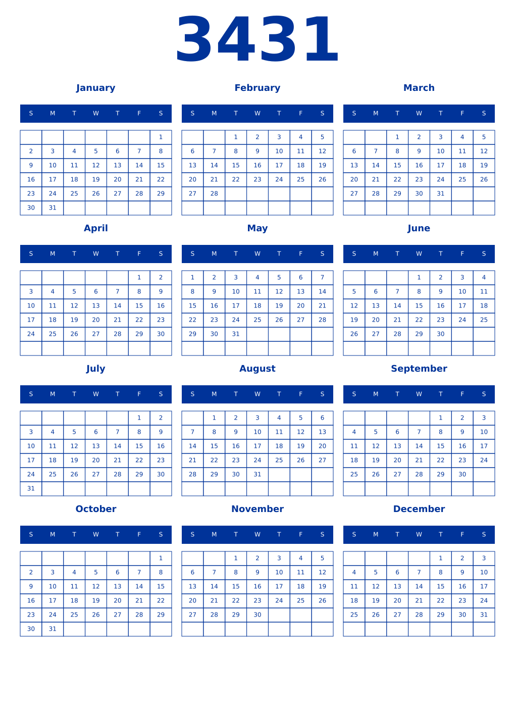 Printable 3431 Year Calendars smalt