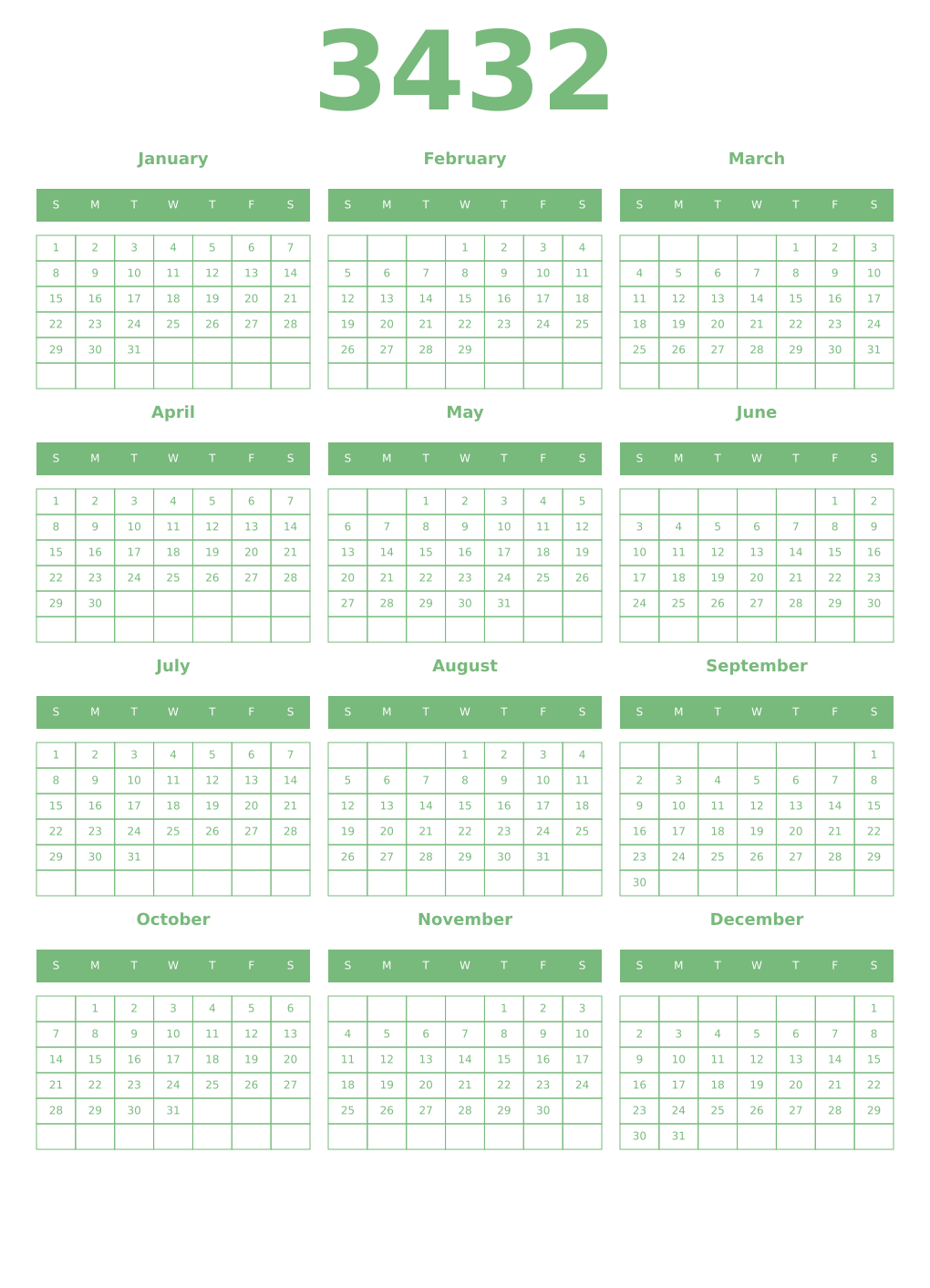 Printable 3432 Year Calendars celadon