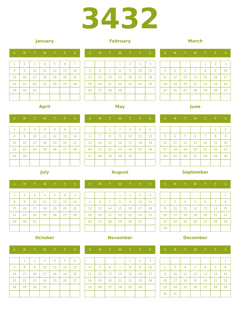 Printable 3432 Year Calendars chartreuse