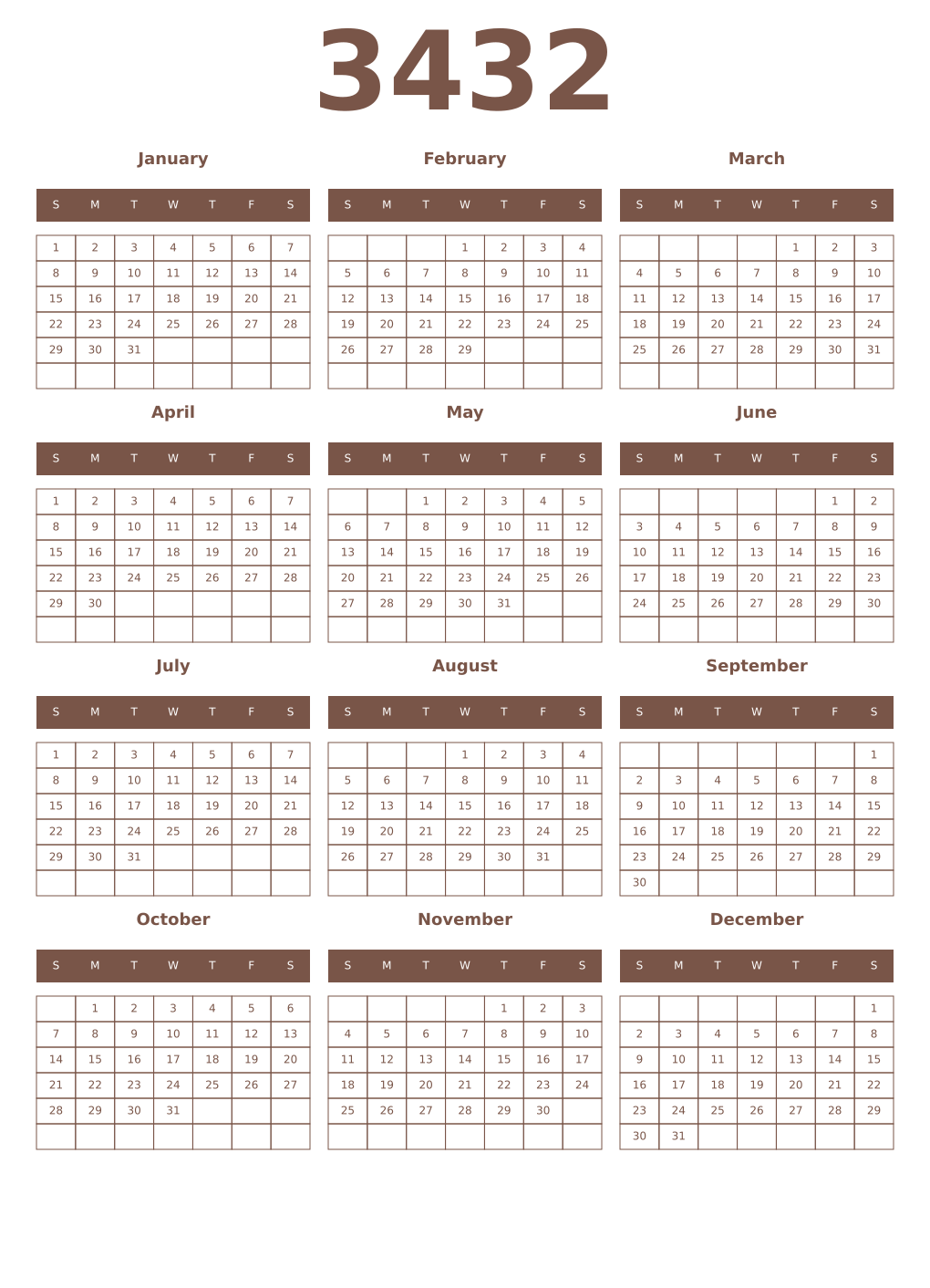 Printable 3432 Year Calendars coffe