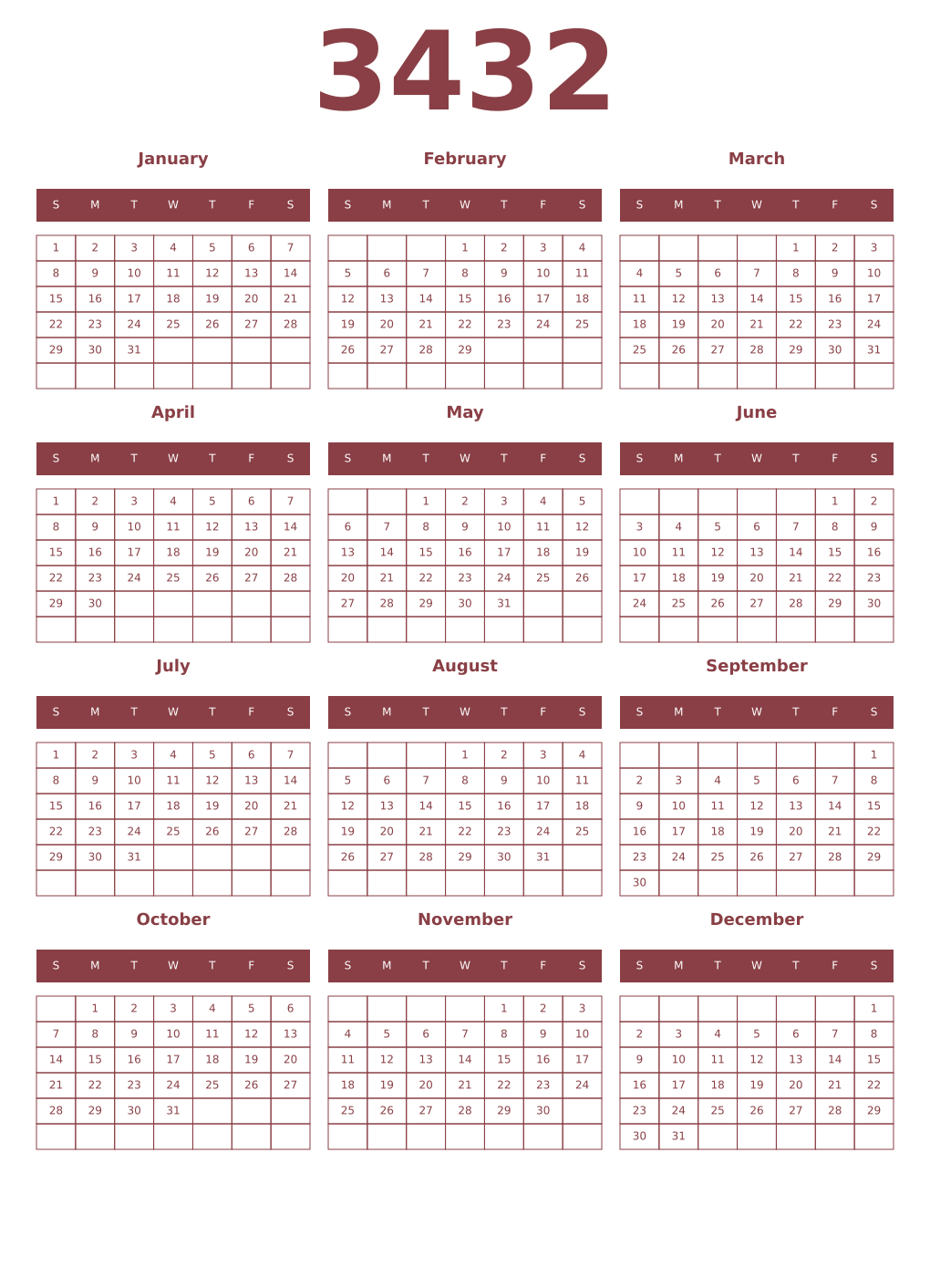 Printable 3432 Year Calendars cordovan