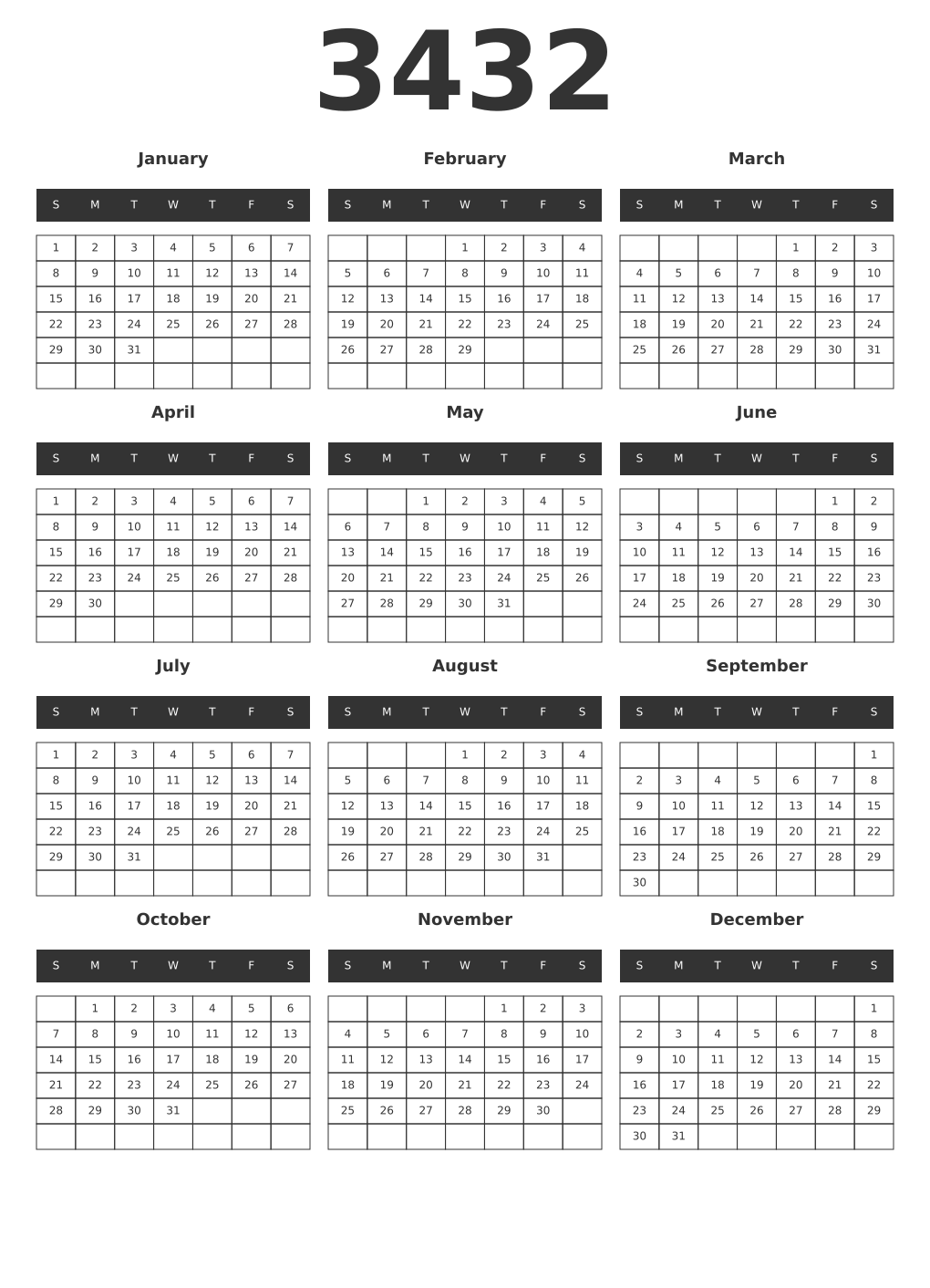 Printable 3432 Year Calendars dark