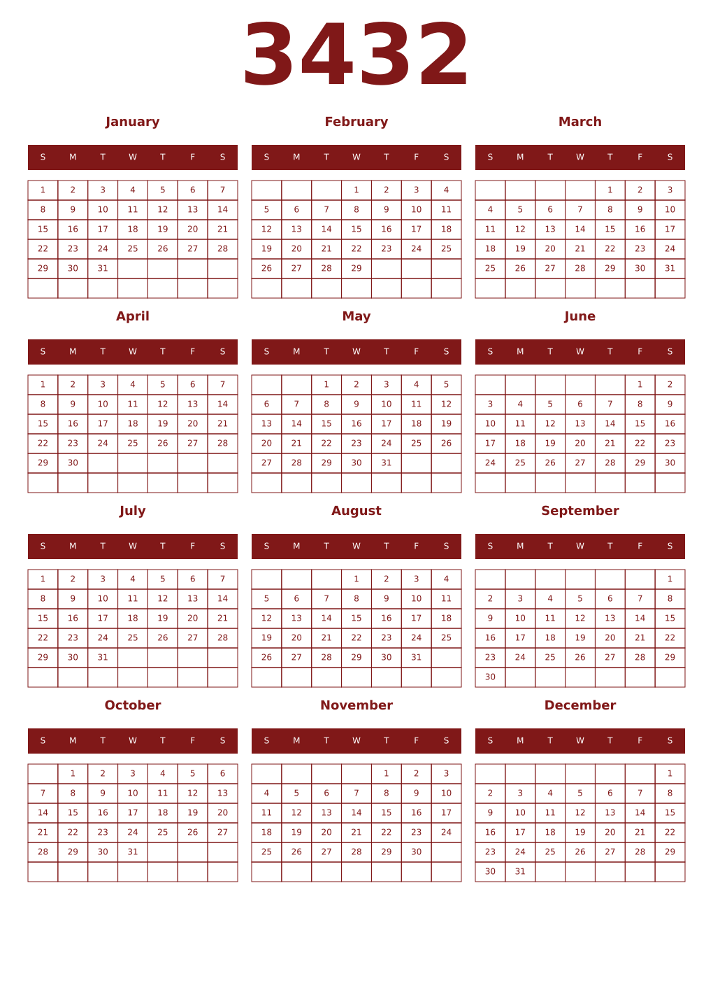 Printable 3432 Year Calendars falu