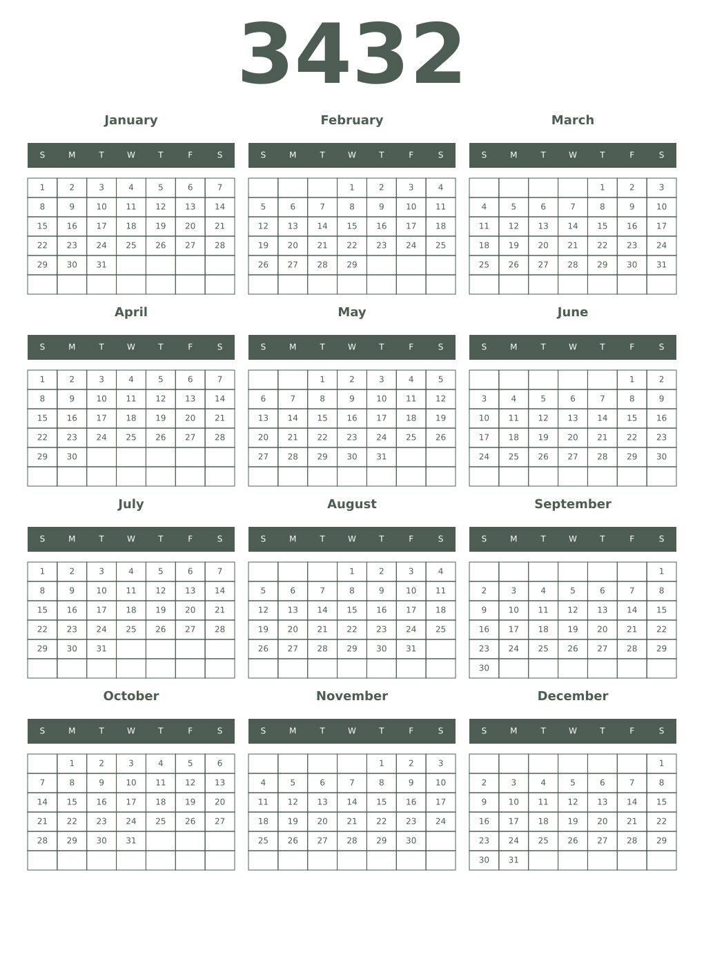 Printable 3432 Year Calendars feldgrau