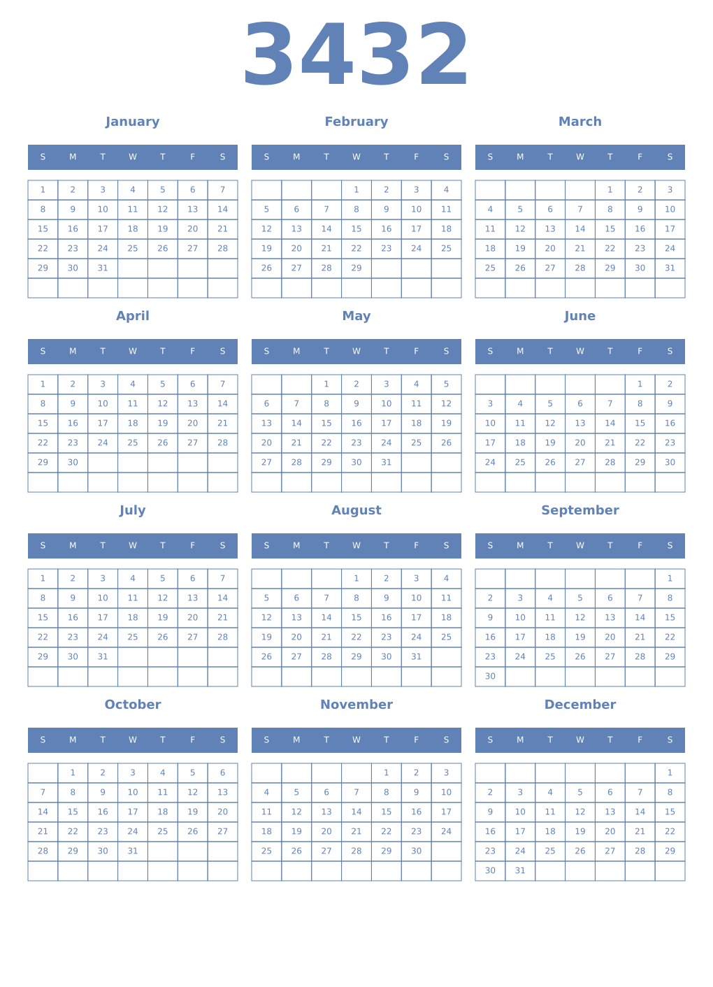 Printable 3432 Year Calendars glaucous