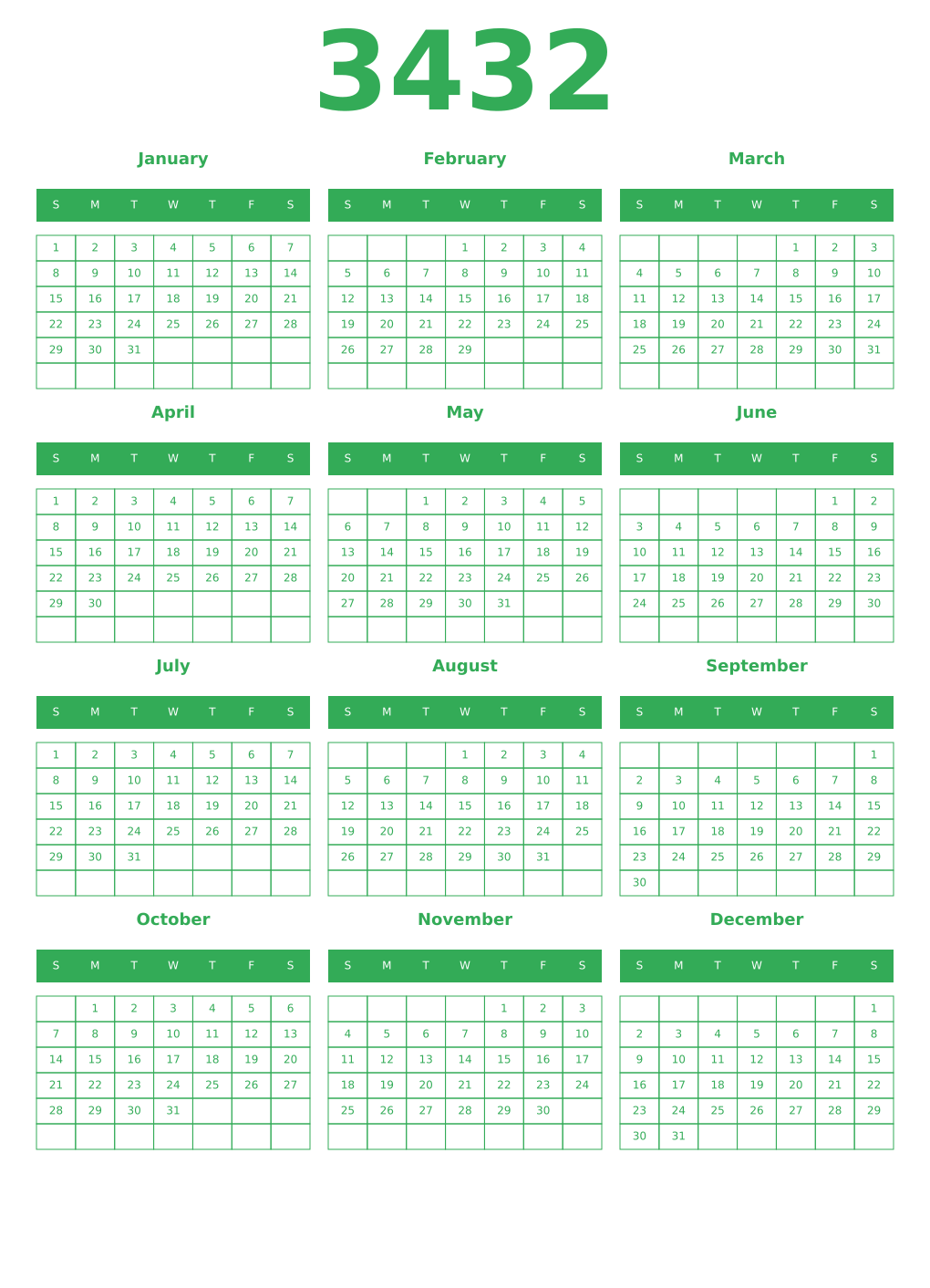 Printable 3432 Year Calendars green