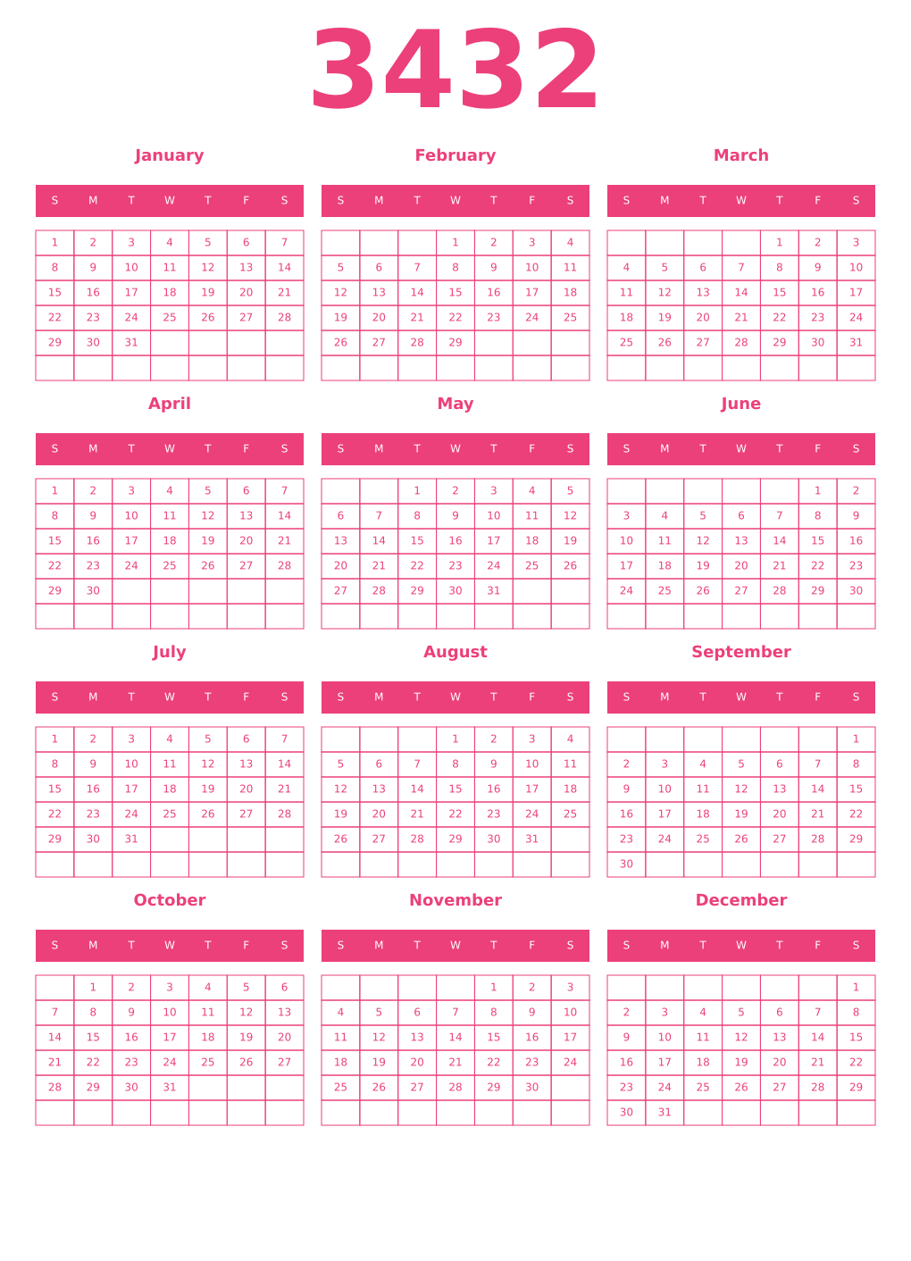 Printable 3432 Year Calendars pink